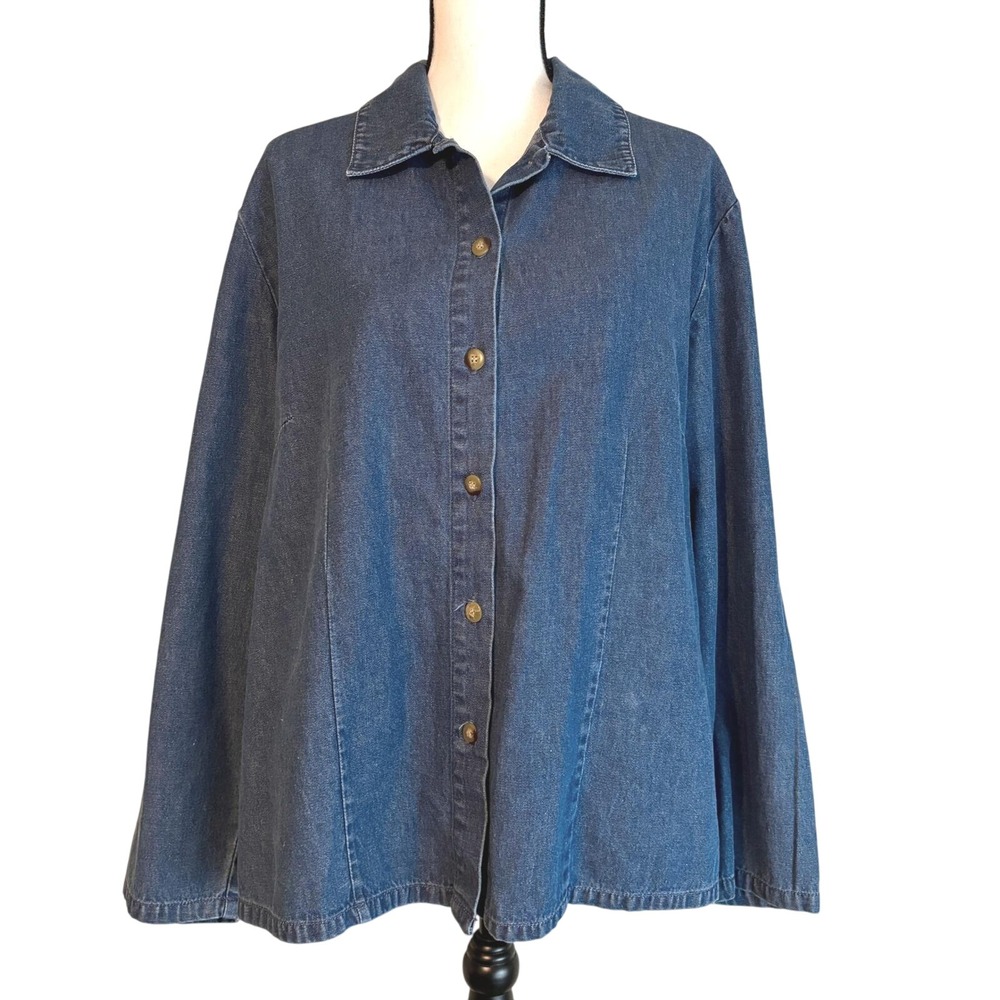 Vintage 90s Button Up Blouse Women's 18W Blue Denim Heavyweight Cotton